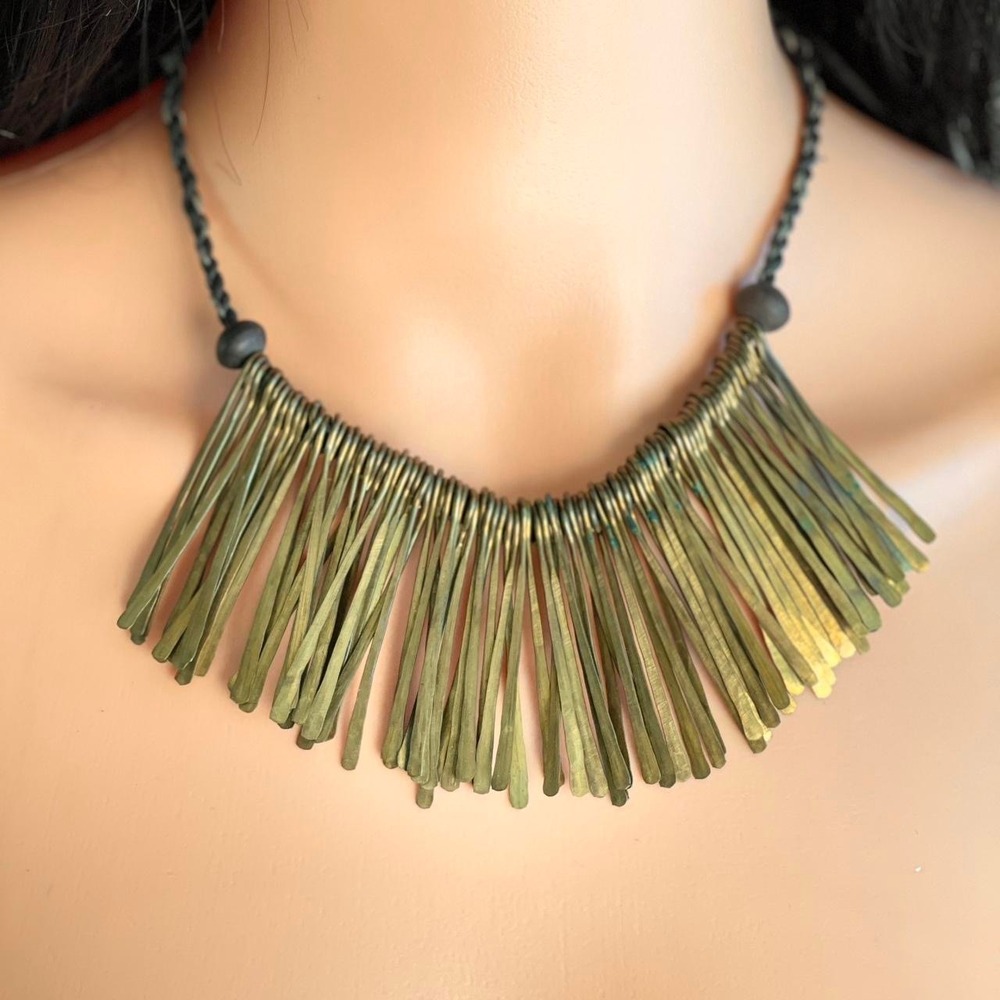 Vintage African Hammered Brass Necklace Braided Leather Metal Fringe Bib Jewlery